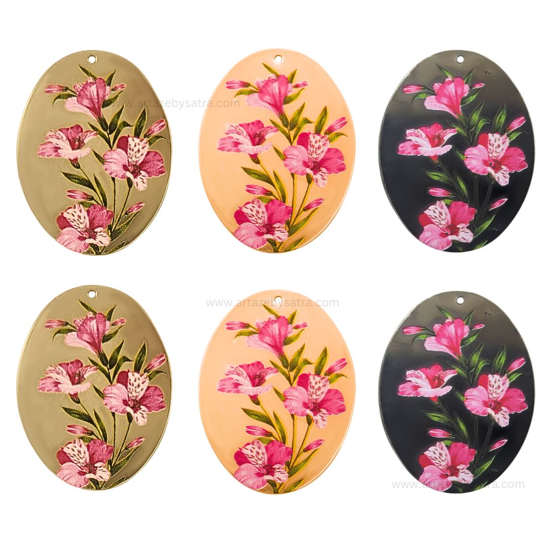 1 Loop Oval Floral Matt Finish Metal Art | Size : 45mm | Qty : 10pcs