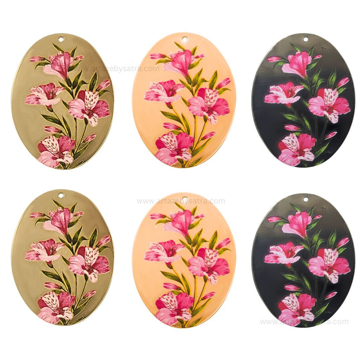 1 Loop Oval Floral Matt Finish Metal Art | Size : 45mm | Qty : 10pcs