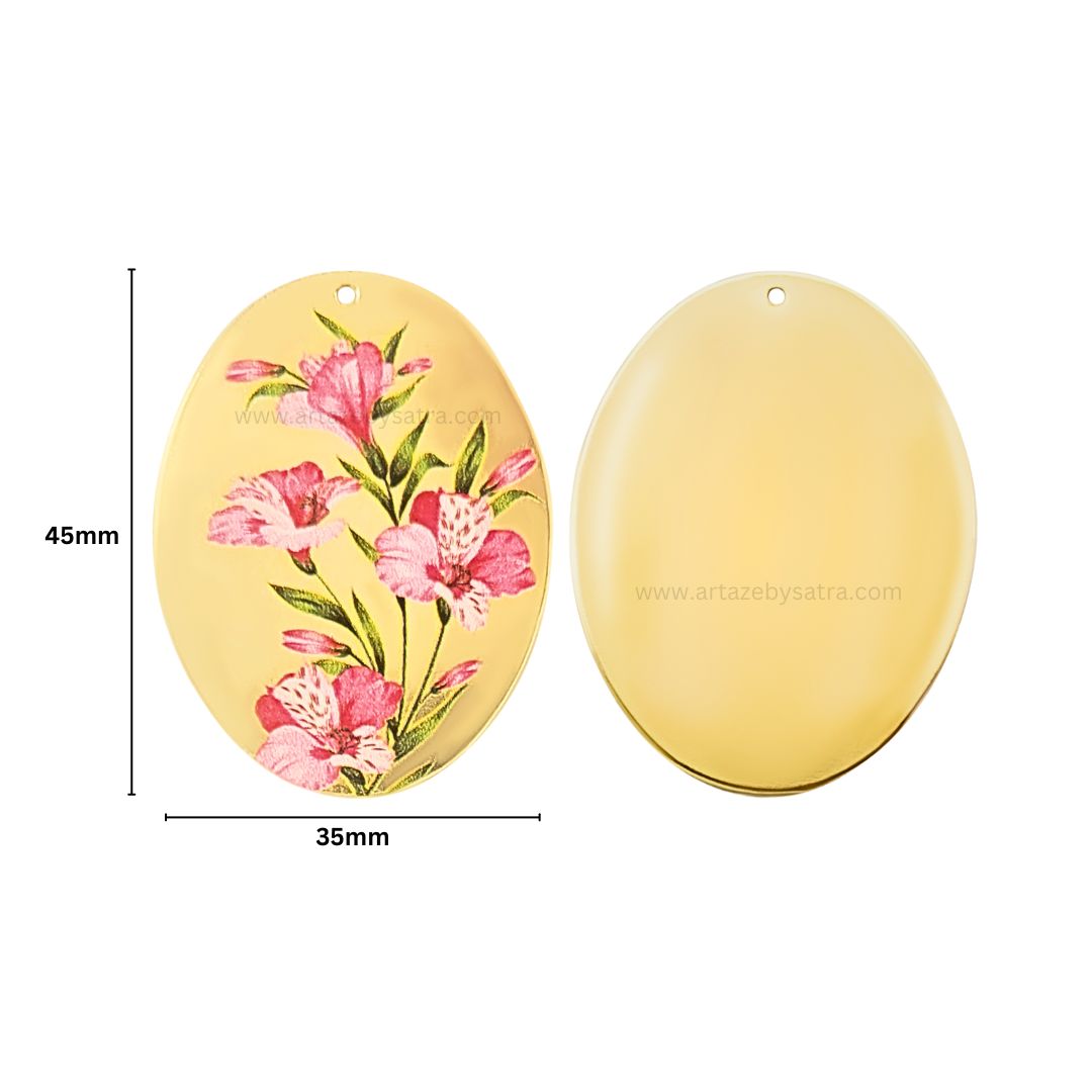 1 Loop Oval Floral Matt Finish Metal Art | Size : 45mm | Qty : 10pcs