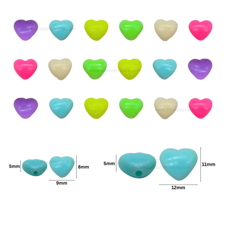 Assorted Heart Pastel Plastic Beads | Size : 9mm, 12mm