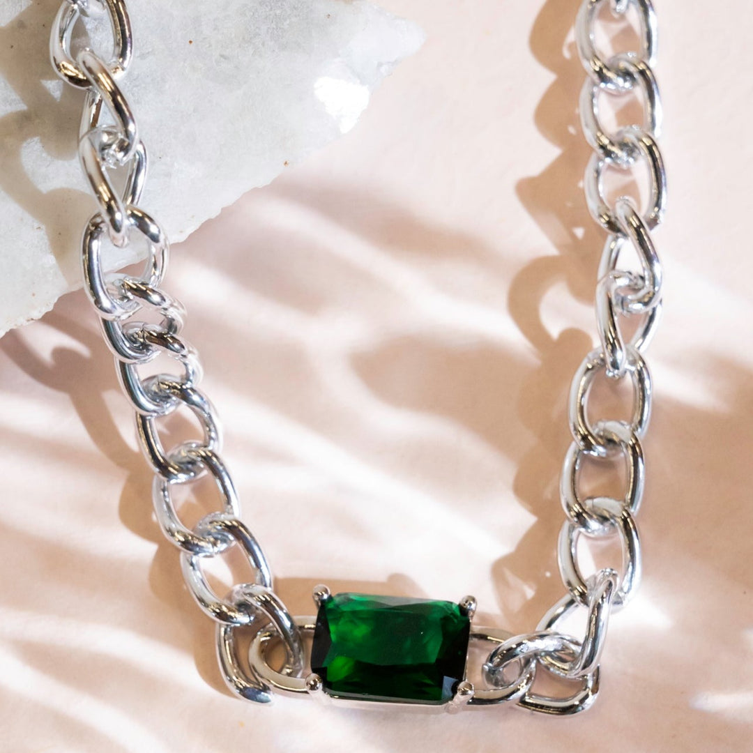 Emerald Stone Connector Charm with Chain | Size : 26mm | 1pc