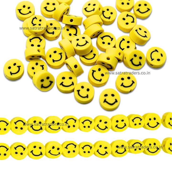 Yellow Smiley Polymer Clay Fimo Beads | Size: 10mm (W) Thickness 2mm Thickness| 1String  40cm