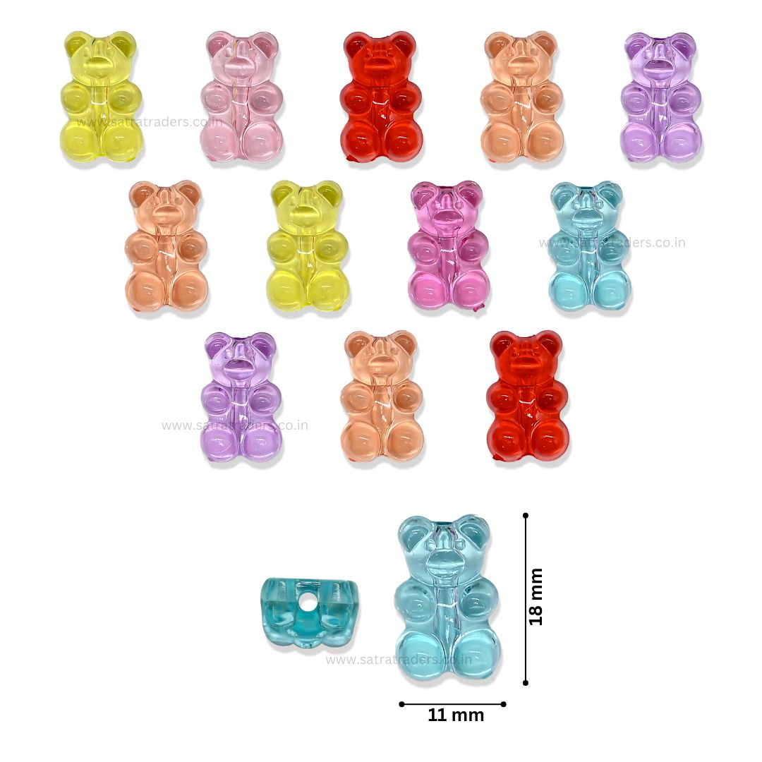 Assorted Teddy Bear Transparent Pastel Plastic Beads | Size : 18mm | 100g