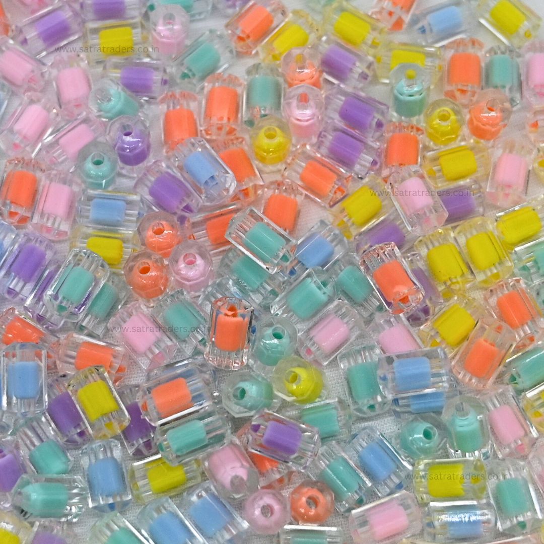 Assorted Cylinder Transparent Pastel Plastic Beads | Size : 12mm | 100g