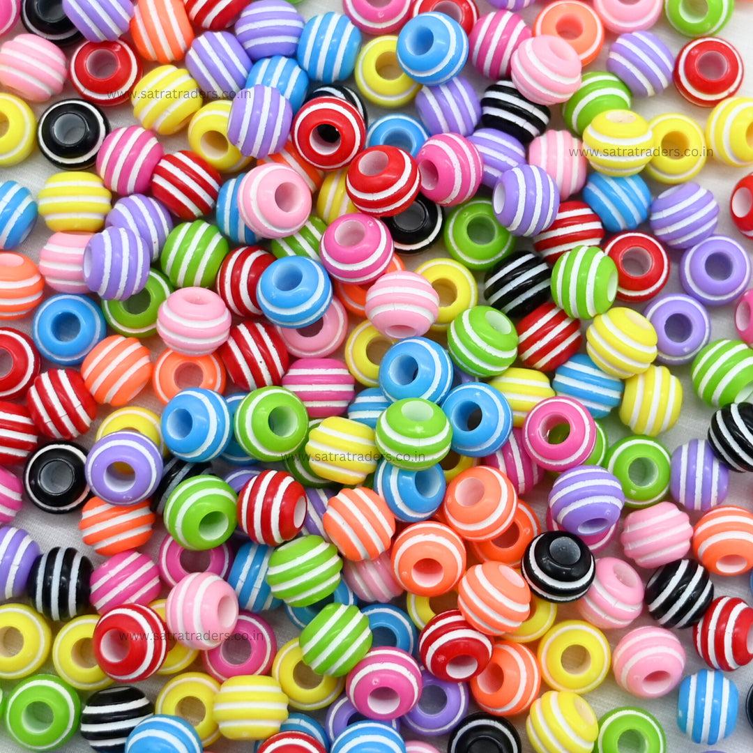 Mixed Color Striped Round Plastic Beads | 100g