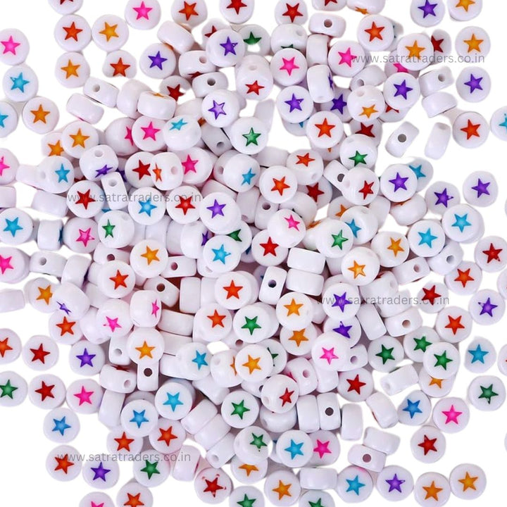 Round Beads in White with Colorful Star | Size : 6mm