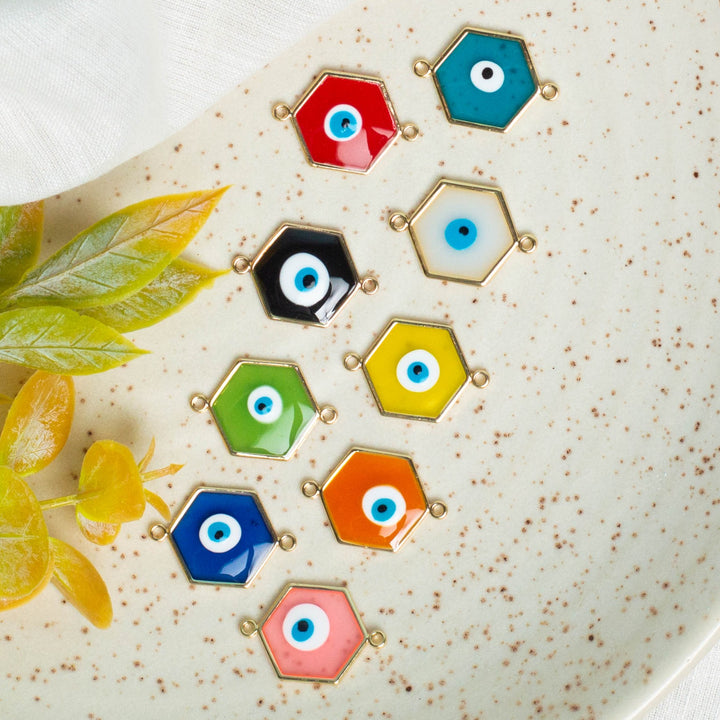 Hexagon Shape Evil Eye Enamel Connector Charms | Size : 16mm | 6Pcs