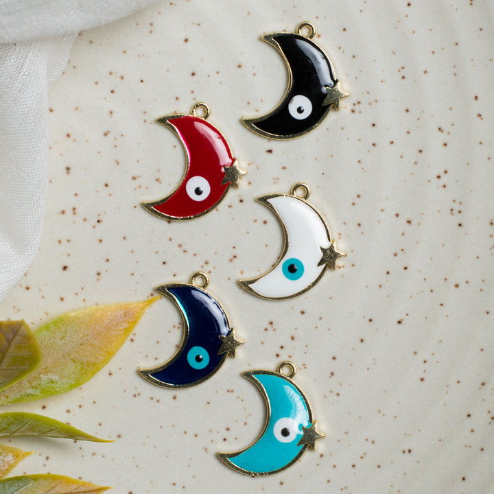 Moon Shape Evil Eye Charms |  Size : 14mm | 6Pcs